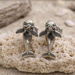Vintage EARlusion Earrings 3D Pewter Dolphin Studs Silver Tone